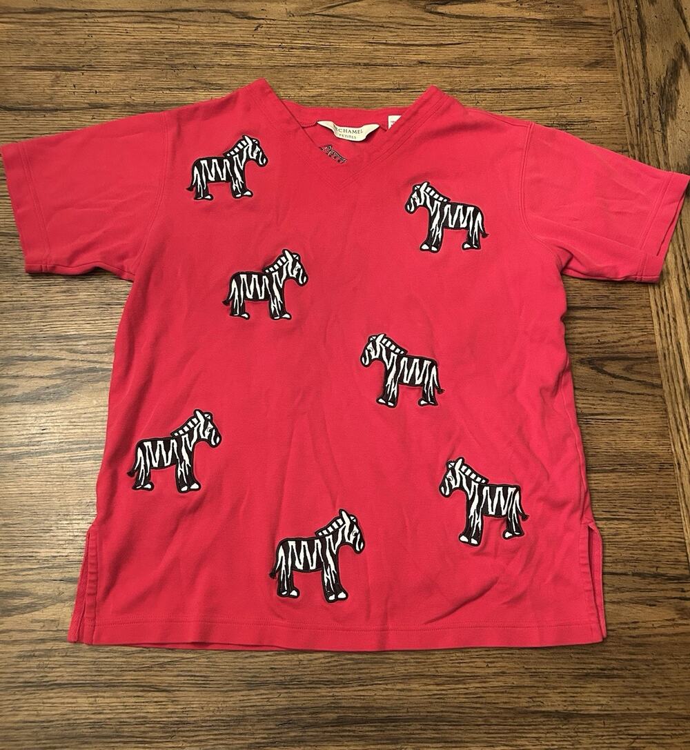 Vintage Bechamel Shirt Womens Small Red Short Sleeve Embroidered Zebras Top